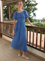 Threadbare Blue Puff Sleeve Shirred Asymmetric Dress - Image 3 of 4