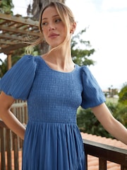 Threadbare Blue Puff Sleeve Shirred Asymmetric Dress - Image 4 of 4