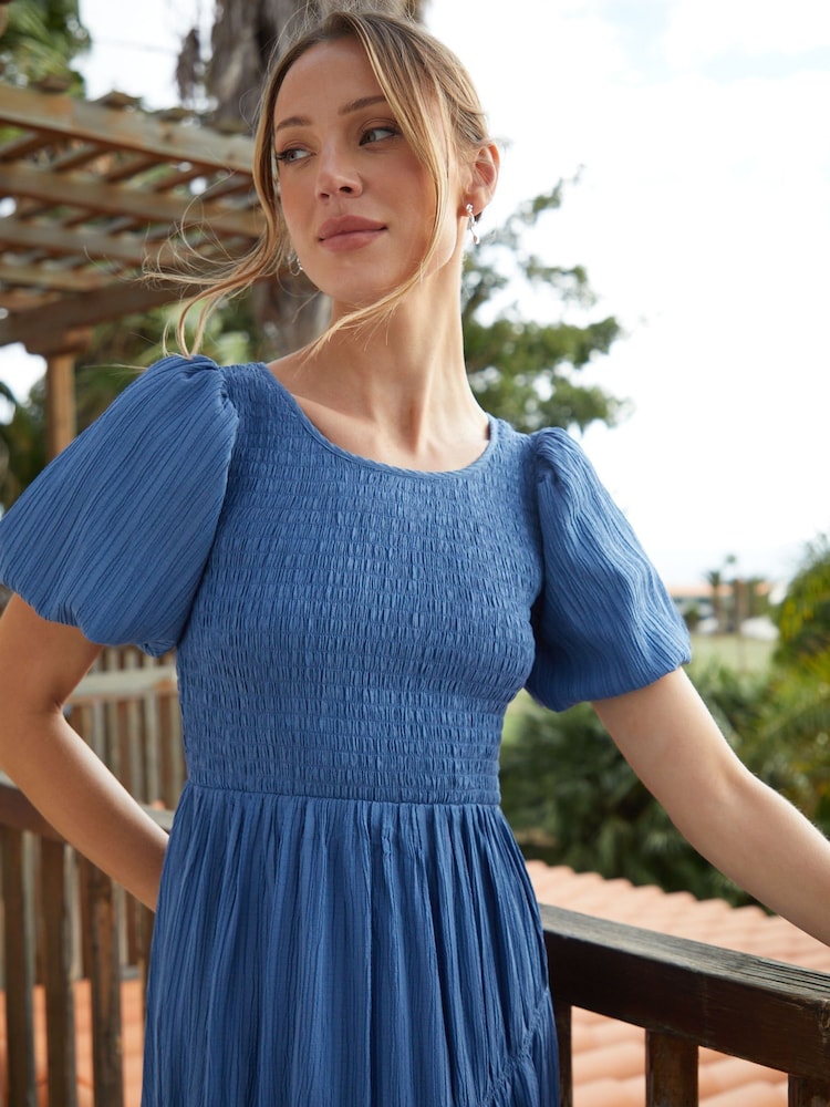 Threadbare Blue Puff Sleeve Shirred Asymmetric Dress - Image 4 of 4