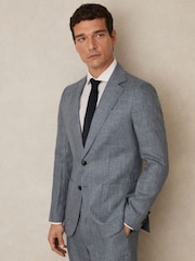 Reiss Soft Blue Reef Slim Fit Single Breasted Linen Check Suit Blazer - Image 1 of 8