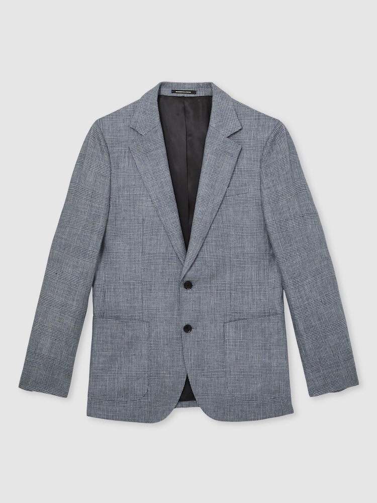 Reiss Soft Blue Reef Slim Fit Single Breasted Linen Check Suit Blazer - Image 2 of 8