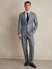 Reiss Soft Blue Reef Slim Fit Single Breasted Linen Check Suit Blazer - Image 3 of 8