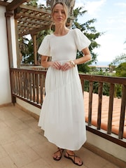 Threadbare White Puff Sleeve Shirred Asymmetric Dress - Image 1 of 4