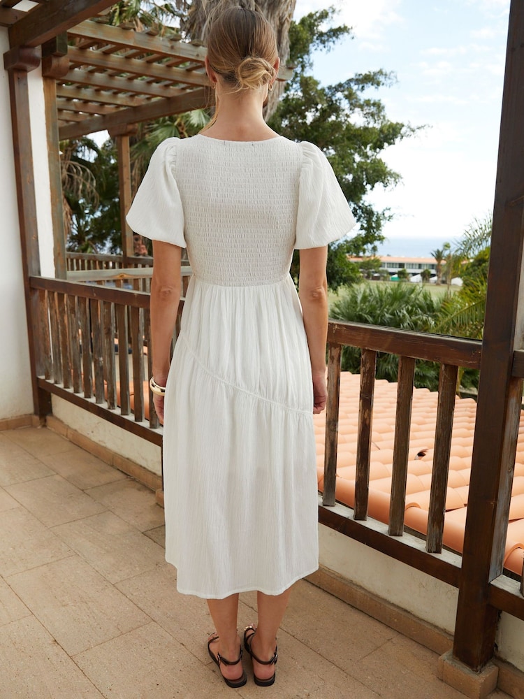 Threadbare White Puff Sleeve Shirred Asymmetric Dress - Image 2 of 4