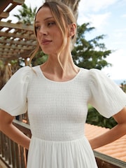 Threadbare White Puff Sleeve Shirred Asymmetric Dress - Image 4 of 4