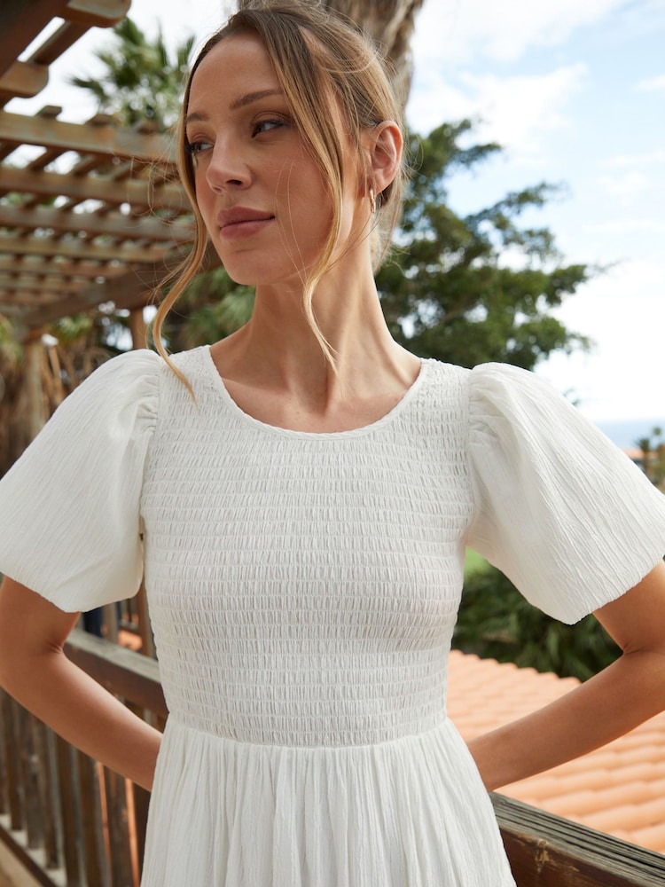 Threadbare White Puff Sleeve Shirred Asymmetric Dress - Image 4 of 4