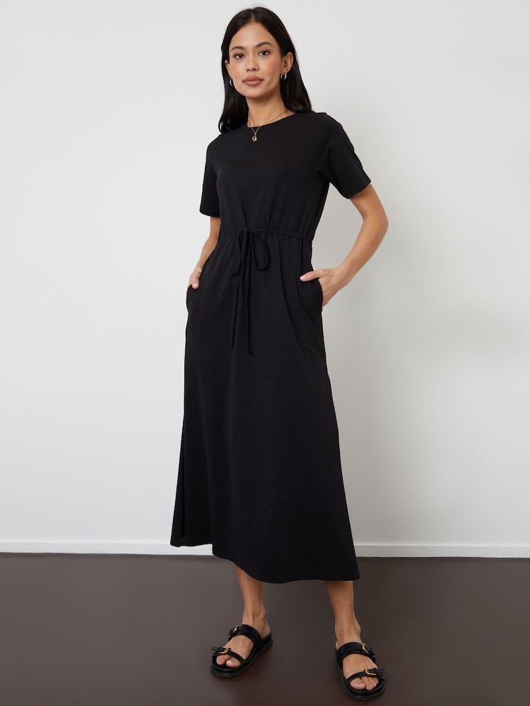 Threadbare Black Ruched Waist Jersey Midi Dress - Image 1 of 4