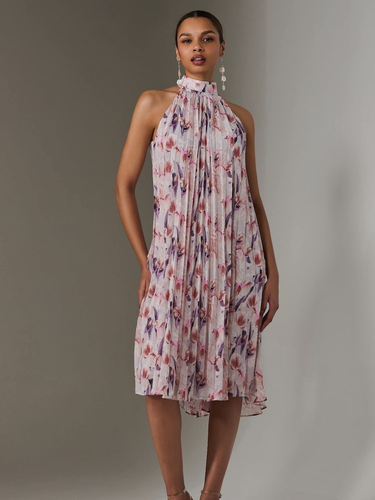 Jolie Moi Purple Pleated Halter Neck Midi Dress - Image 1 of 5