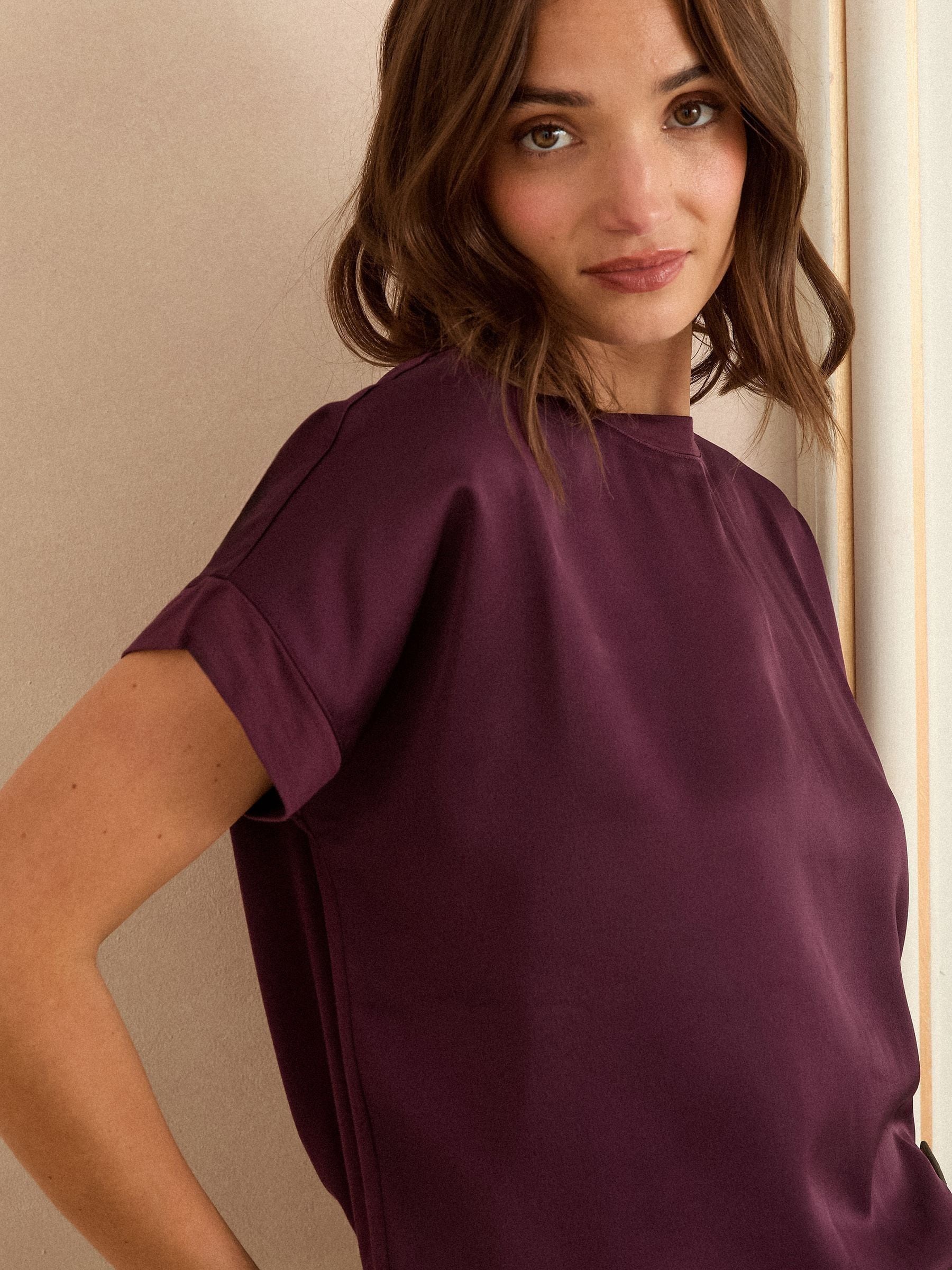 Buy Love & Roses Burgundy Red Satin Front Jersey Short Sleeve Top