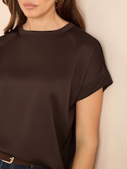 Love & Roses Burgundy Red Satin Front Jersey Short Sleeve Top - Image 2 of 4