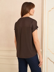 Love & Roses Burgundy Red Satin Front Jersey Short Sleeve Top - Image 4 of 4