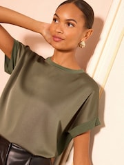 Love & Roses Khaki Green Satin Front Jersey Short Sleeve Top - Image 1 of 4