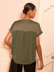 Love & Roses Khaki Green Satin Front Jersey Short Sleeve Top - Image 4 of 4