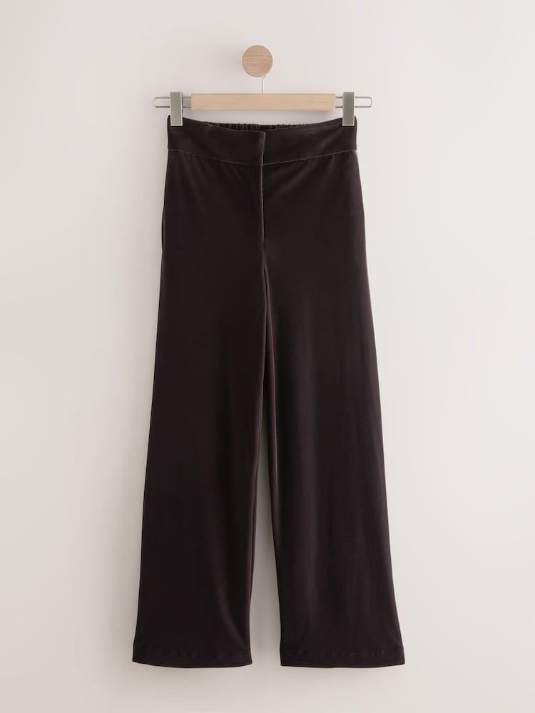 Chocolate Brown Matte Velvet Elastic Back Wide Leg Trousers - Image 1 of 3 Chocolate Brown Matte Velvet Elastic Back Wide Leg Trousers - Image 1 of 3