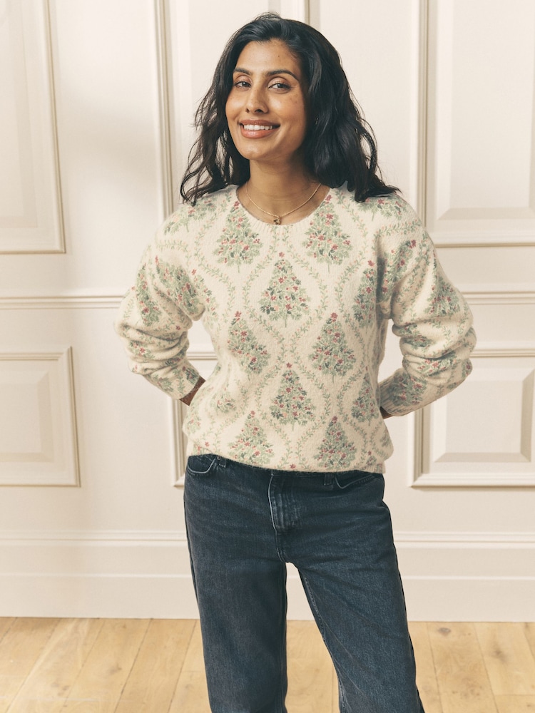 Laura Ashley Ecru/Green Christmas Tree Festive Jumper with a touch of Wool - Image 2 of 7