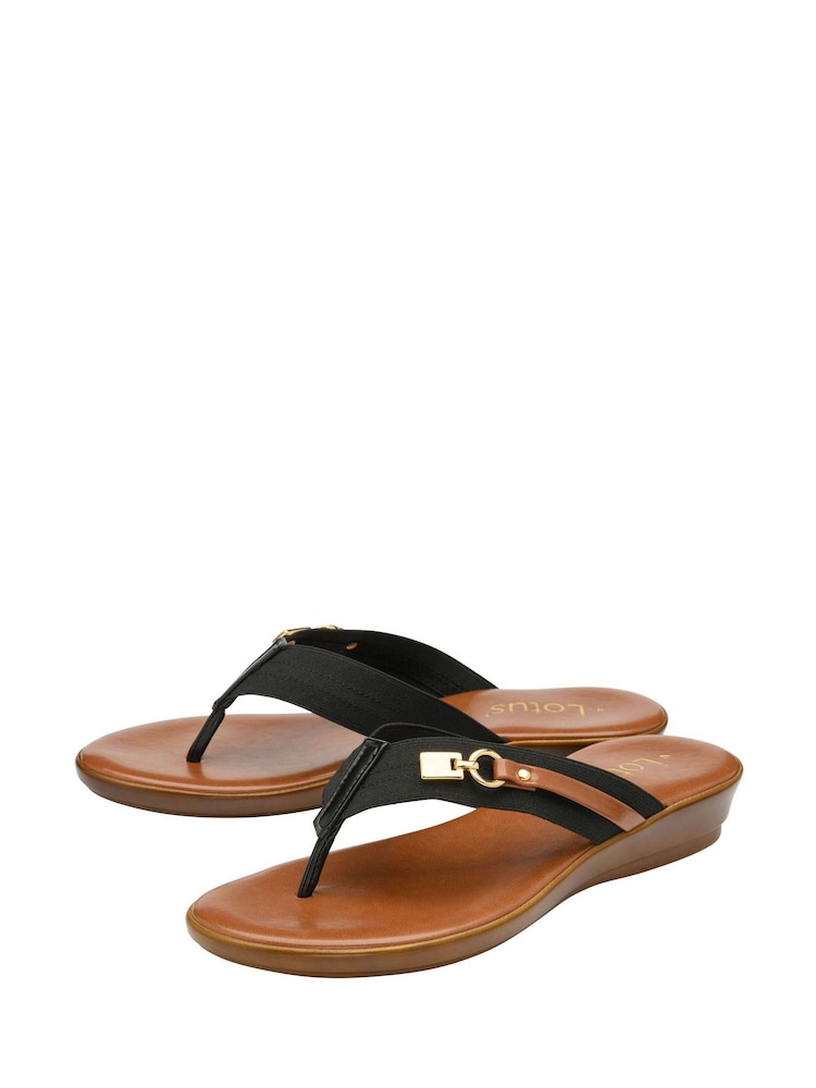 Lotus Black Low Wedge Toe Thong Sandals - Image 2 of 4
