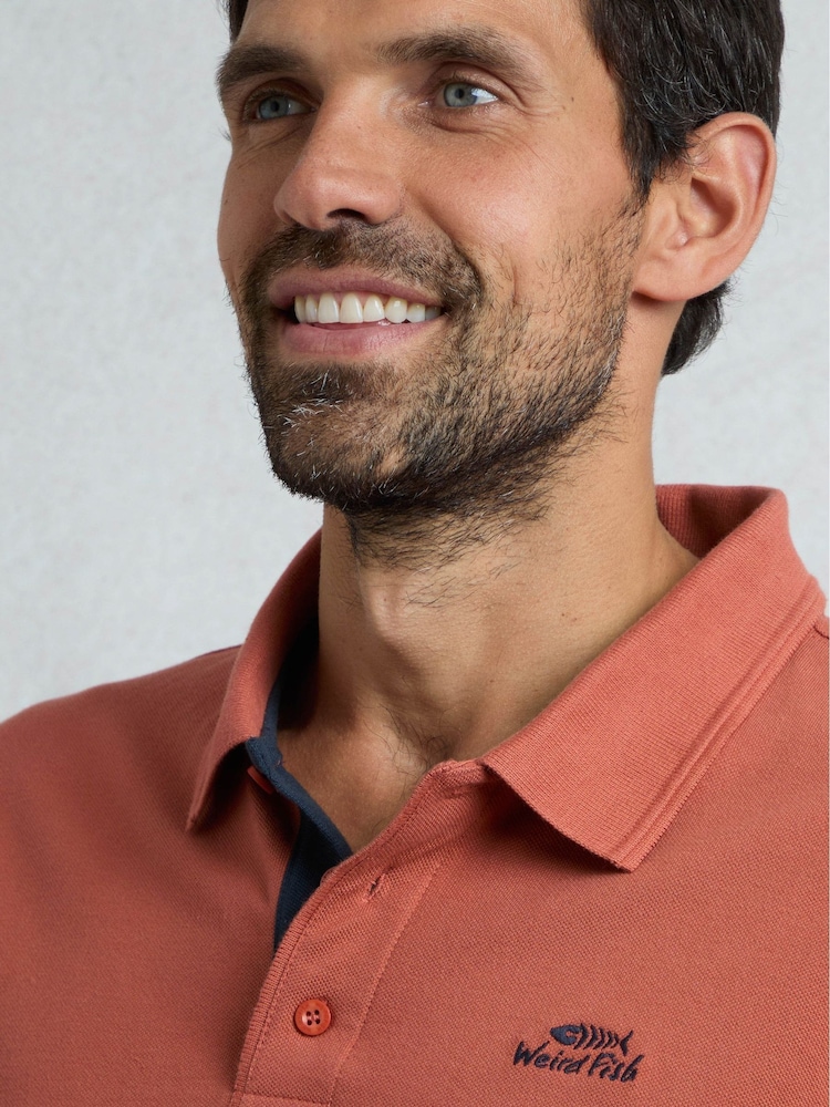Weird Fish Brown Miles Pique 100% Cotton Polo Shirt - Image 3 of 5