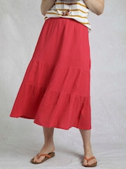 Weird Fish Red Lathika Doublecloth Midi Tiered 100% Cotton Skirt - Image 3 of 5