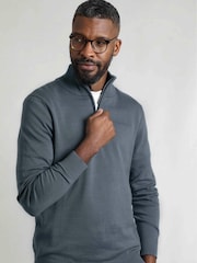 Weird Fish Blue Baxter Fine Knit 1/4 Zip 100% Cotton Jumper - Image 1 of 7