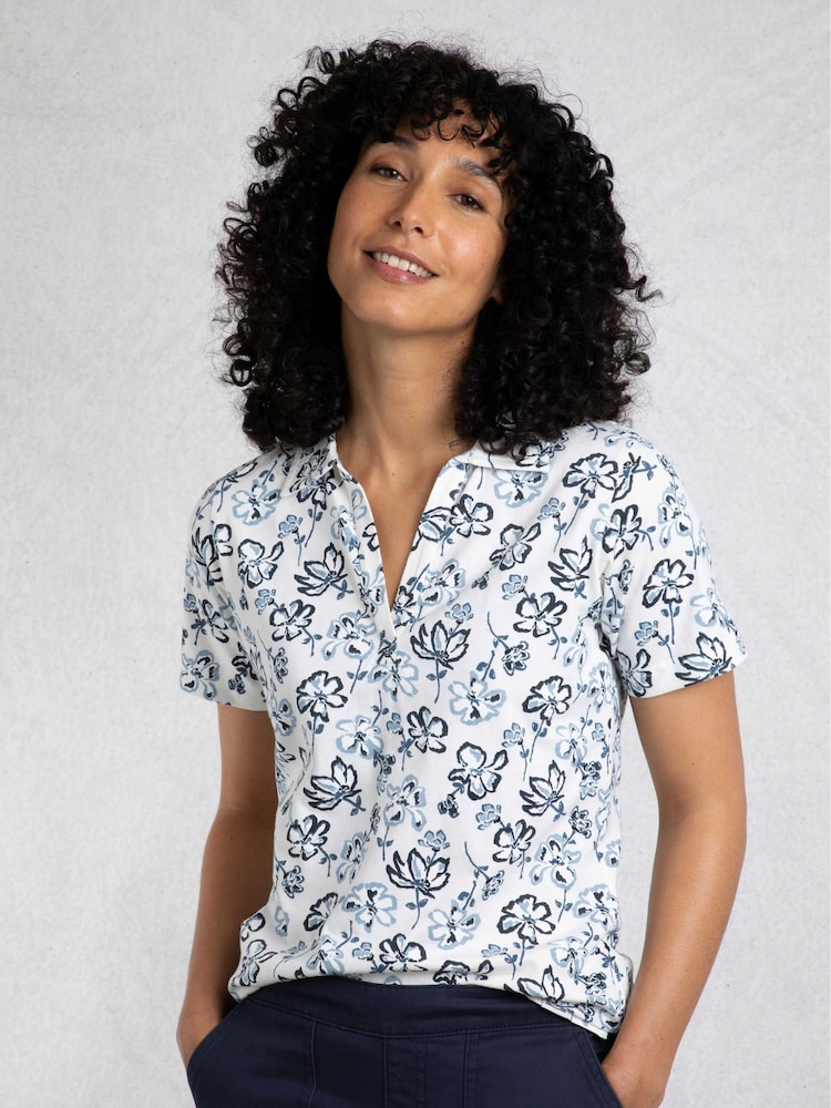 Weird Fish Cream Rehena Printed 100% Cotton Jersey Polo Top - Image 1 of 7
