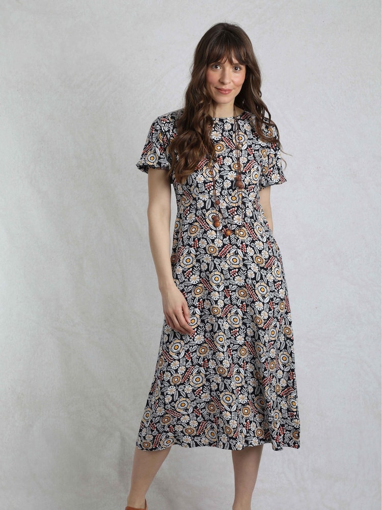 Weird Fish Blue Everly Viscose Printed Tea Dress - Image 1 of 7
