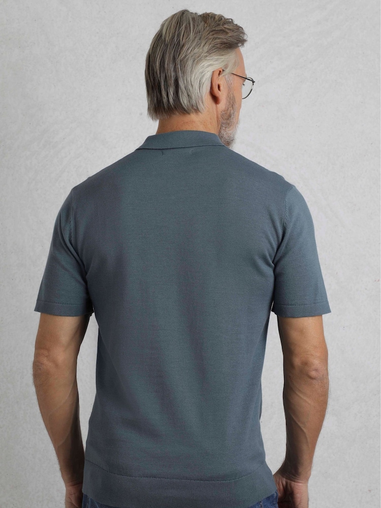 Weird Fish Blue Quentin Short Sleeve Knitted 100% Cotton Polo Shirts - Image 2 of 7 Weird Fish Blue Quentin Short Sleeve Knitted 100% Cotton Polo Shirts - Image 2 of 7