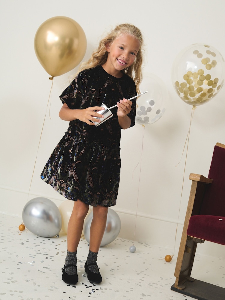 Navy Print Velvet Dress (3-16yrs) - Image 1 of 7 Navy Print Velvet Dress (3-16yrs) - Image 1 of 7