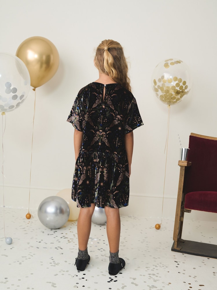 Navy Print Velvet Dress (3-16yrs) - Image 2 of 7 Navy Print Velvet Dress (3-16yrs) - Image 2 of 7