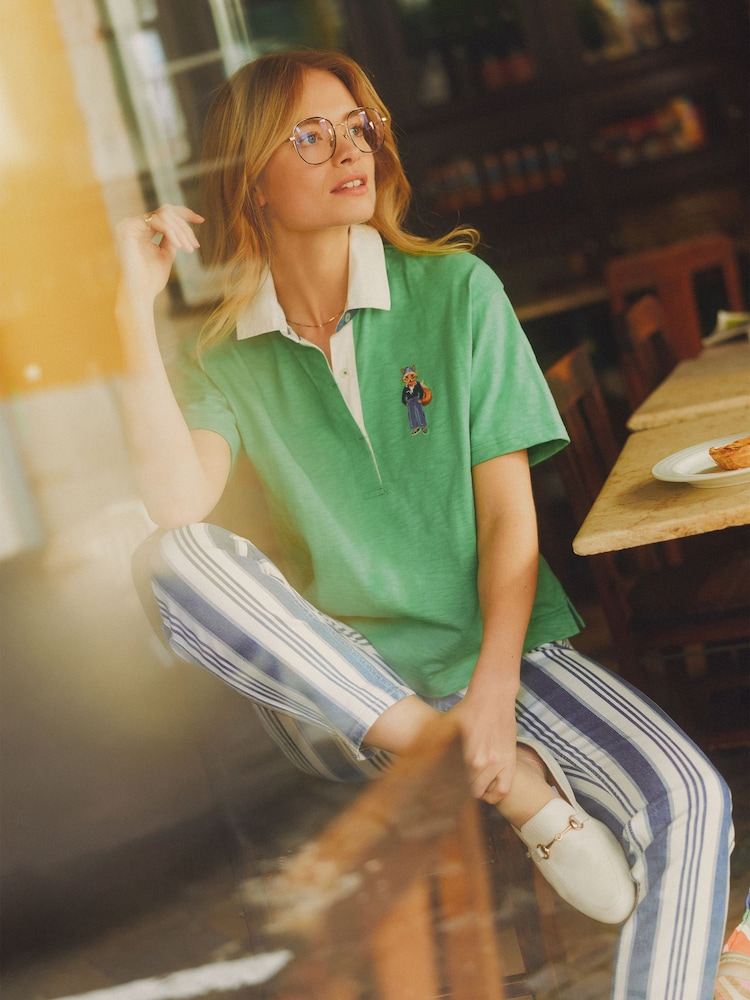 Joules Green Jonty Fox Embroidered Short Sleeve Cotton Rugby Shirt - Image 2 of 10