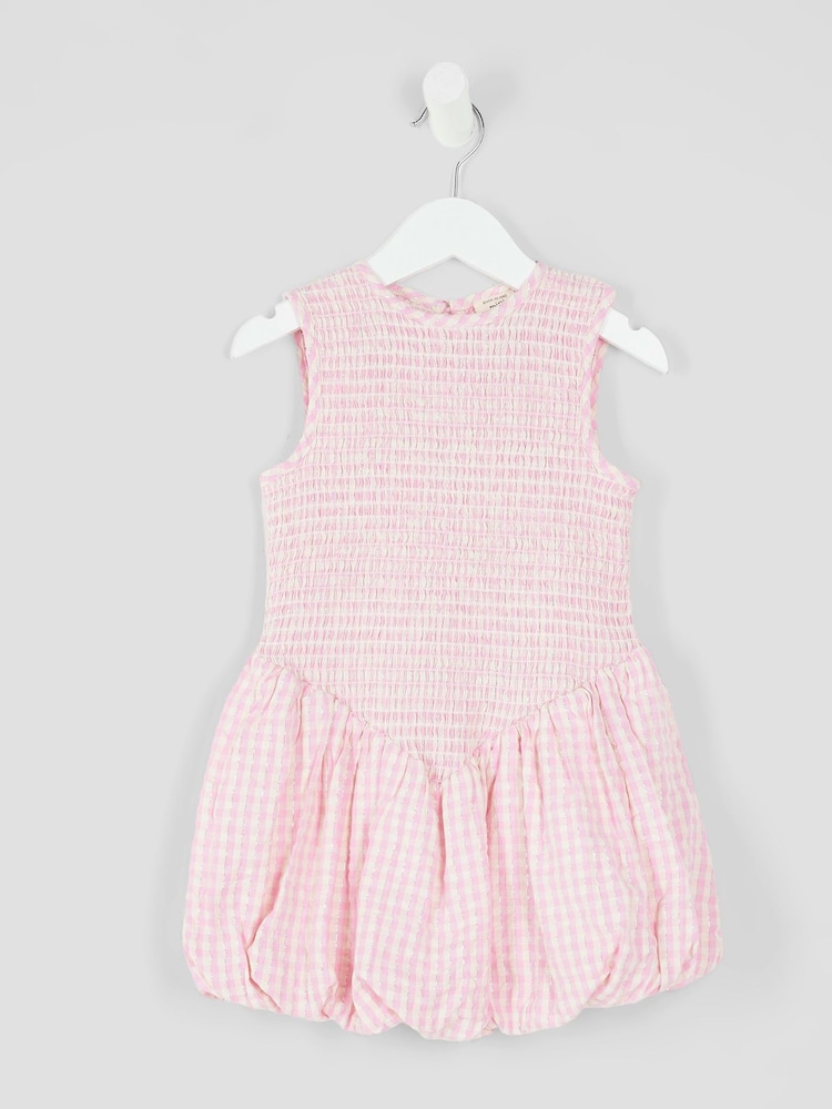 River Island Pink Girls Check Lurex Shirred Dress - Image 1 of 4