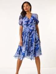 Roman Blue Abstract Painted Floral Print Hanky Hem Dress - Image 2 of 5