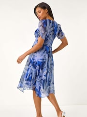 Roman Blue Abstract Painted Floral Print Hanky Hem Dress - Image 3 of 5