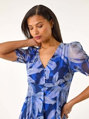 Roman Blue Abstract Painted Floral Print Hanky Hem Dress - Image 4 of 5