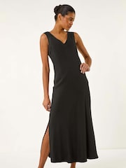 Roman Black Bias Linen Mix Midi Dress - Image 1 of 5