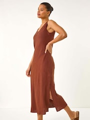 Roman Brown Bias Linen Mix Midi Dress - Image 1 of 5
