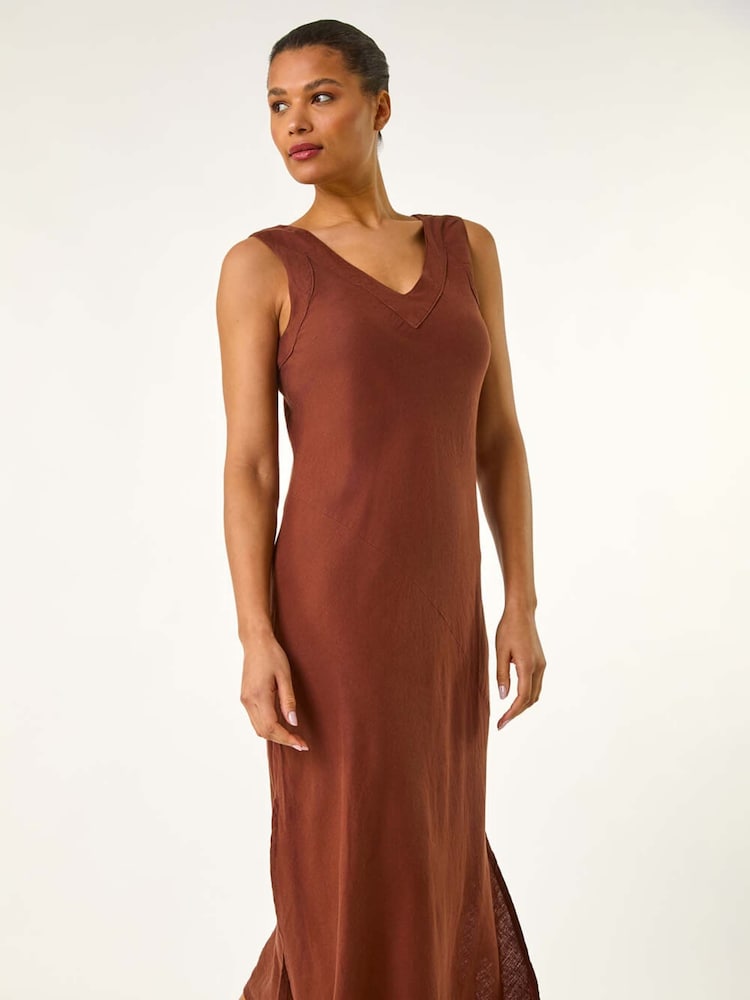 Roman Brown Bias Linen Mix Midi Dress - Image 2 of 5