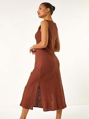Roman Brown Bias Linen Mix Midi Dress - Image 3 of 5