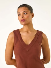Roman Brown Bias Linen Mix Midi Dress - Image 4 of 5