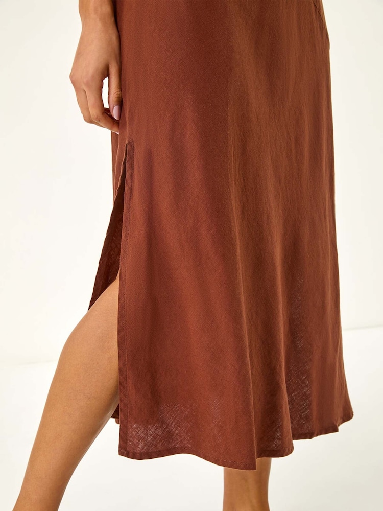 Roman Brown Bias Linen Mix Midi Dress - Image 5 of 5