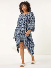 Roman Blue Curve Floral Print Border Print Tunic Dress - Image 1 of 5