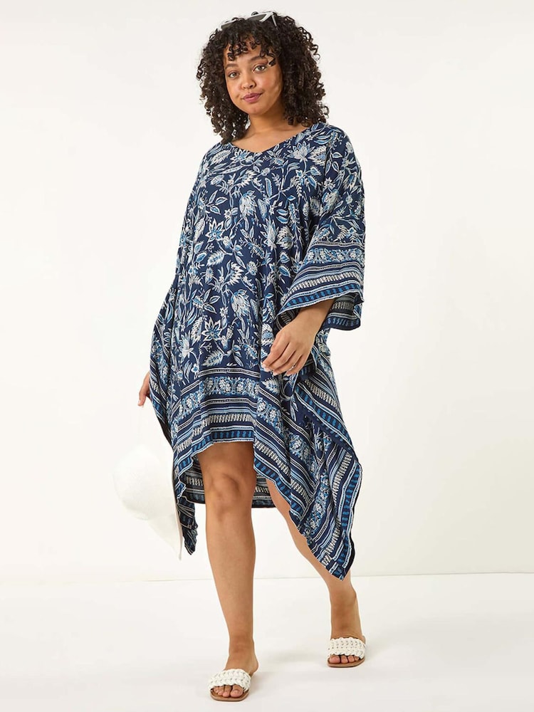 Roman Blue Curve Floral Print Border Print Tunic Dress - Image 1 of 5