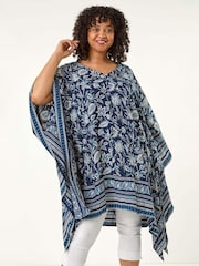Roman Blue Curve Floral Print Border Print Tunic Dress - Image 2 of 5