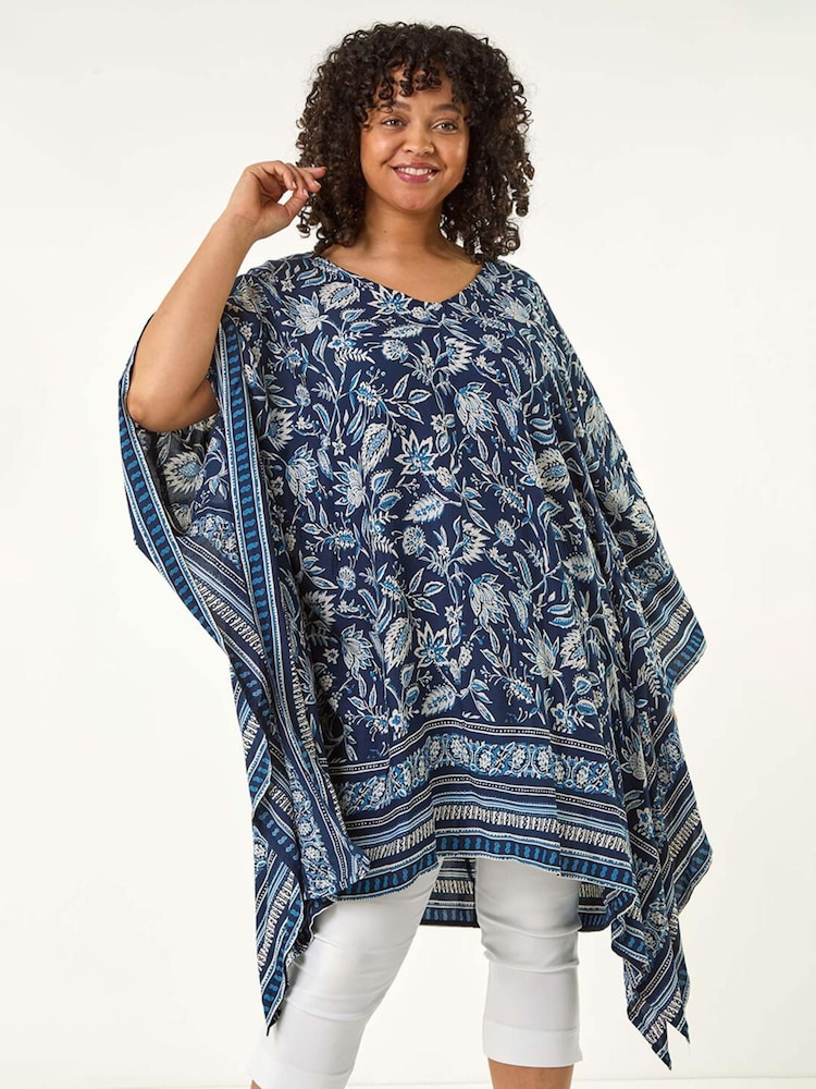 Roman Blue Curve Floral Print Border Print Tunic Dress - Image 2 of 5