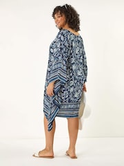 Roman Blue Curve Floral Print Border Print Tunic Dress - Image 3 of 5