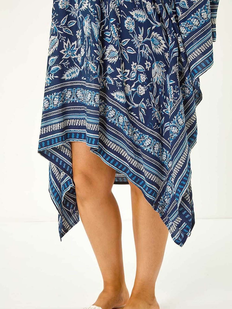 Roman Blue Curve Floral Print Border Print Tunic Dress - Image 5 of 5