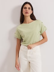 Phase Eight Khaki Green Suzie Button 100% Cotton T-Shirt - Image 1 of 7