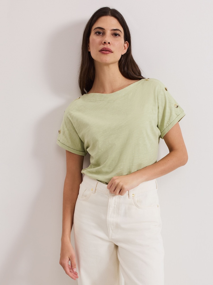 Phase Eight Khaki Green Suzie Button 100% Cotton T-Shirt - Image 1 of 7