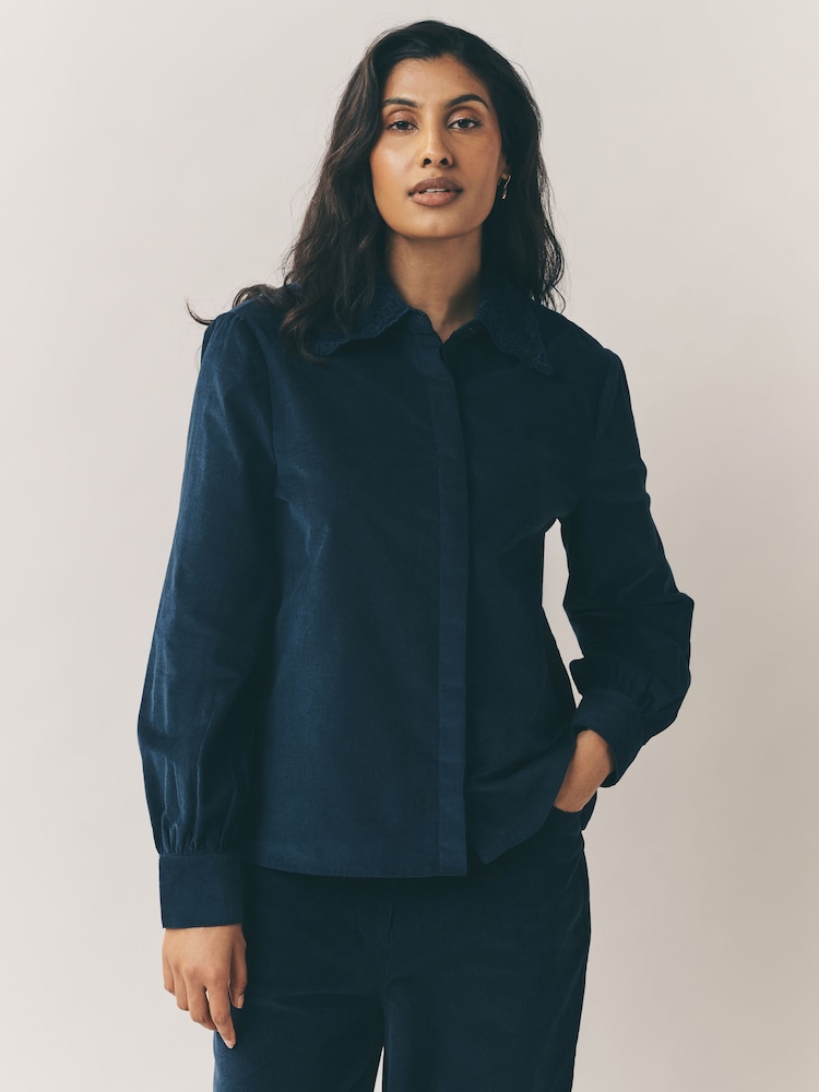 Laura Ashley Navy Cord Blouse with Embroidered Collar - Image 1 of 4