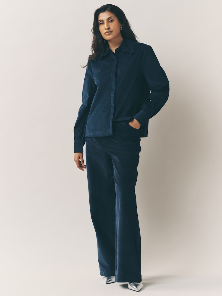 Laura Ashley Navy Cord Blouse with Embroidered Collar - Image 2 of 4