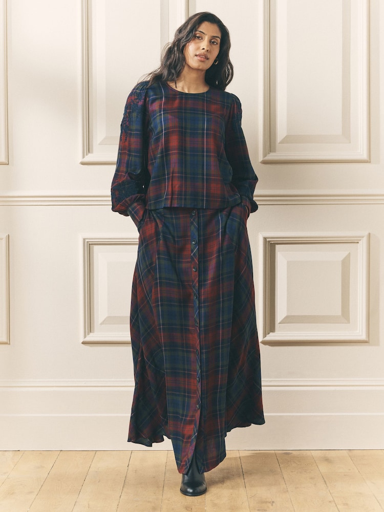 Laura Ashley Red/Green Viscose Check Co-ord Maxi Skirt - Image 1 of 4 Laura Ashley Red/Green Viscose Check Co-ord Maxi Skirt - Image 1 of 4